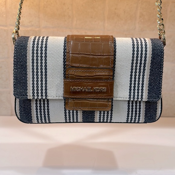 Michael Kors Sage Medium Blue Striped Canvas Shoulder Bag - Picture 2 of 10